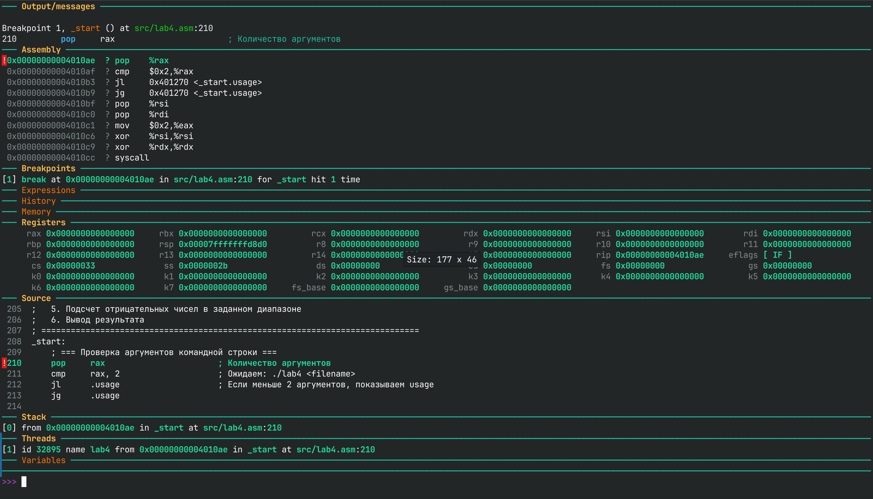 Интерфейс GDB Dashboard с панелями Assembly, Registers, Source и Stack