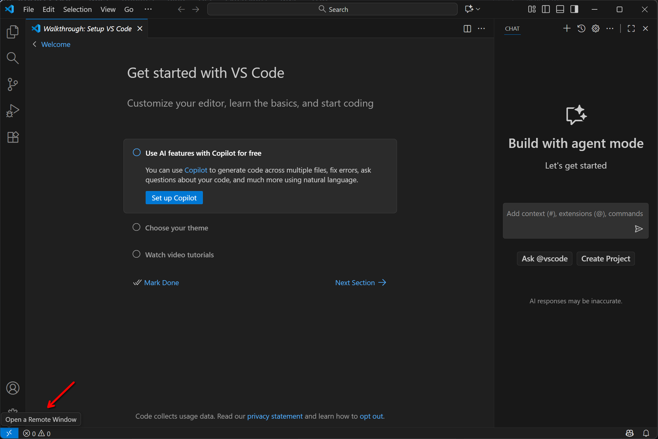 VS Code главное окно с зелёной кнопкой подключения